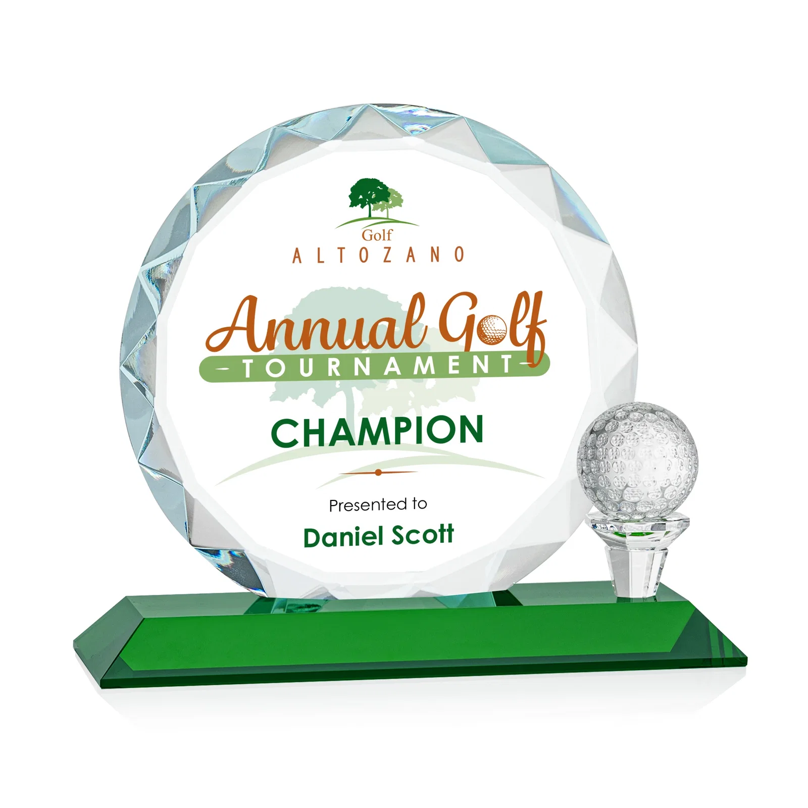 Promotional Optical Crystal Circle Golf Award with Detachable Golf Ball for sales achievement awards