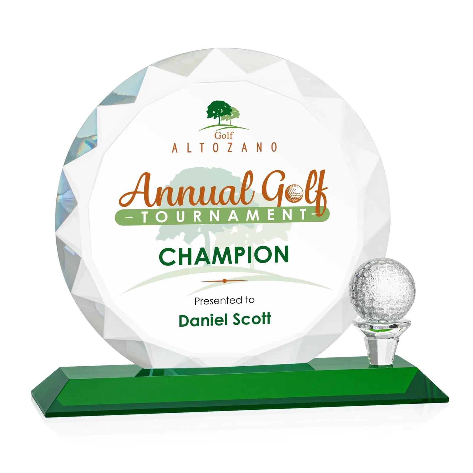 Promotional Optical Crystal Circle Golf Award with Detachable Golf Ball for retirement presentations