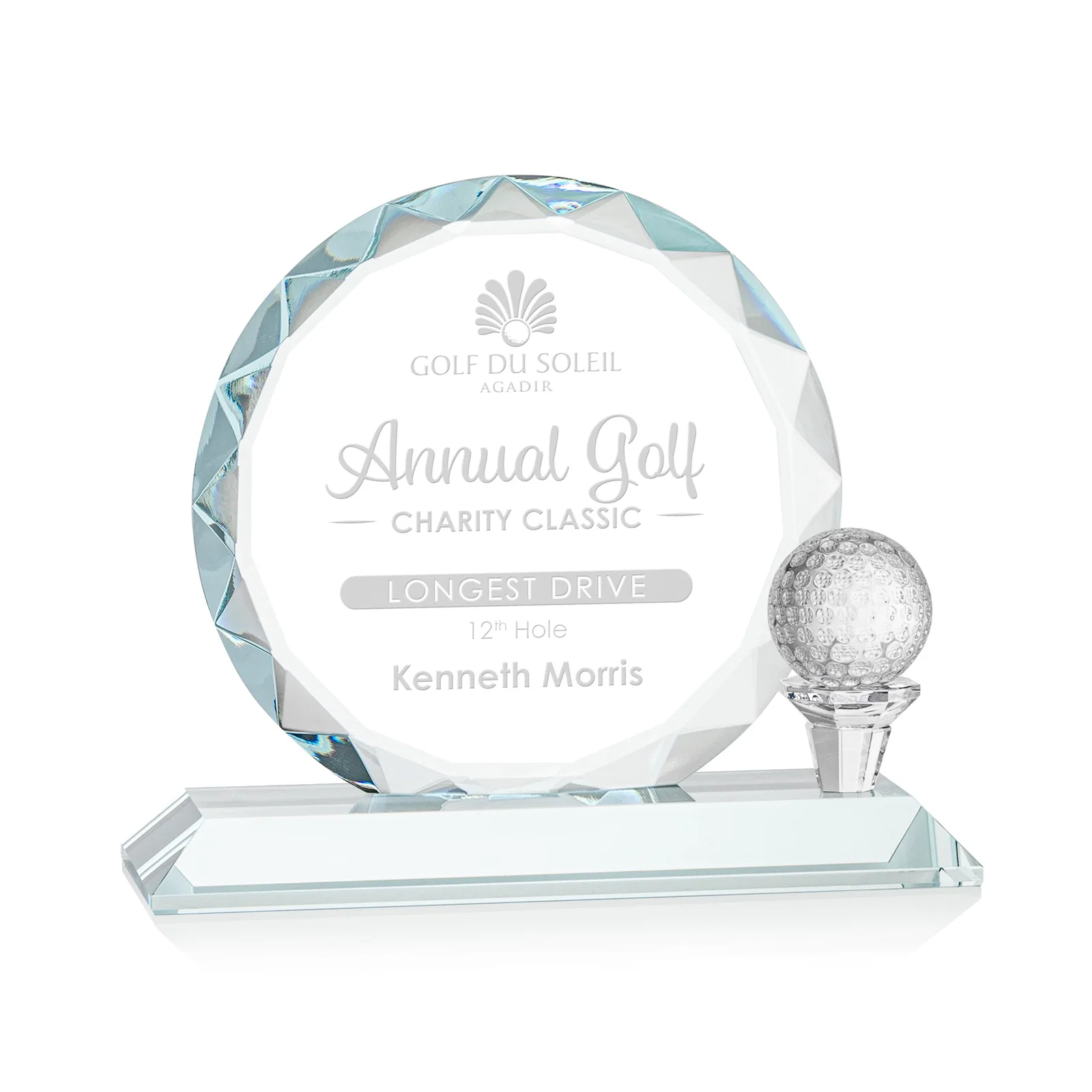 Custom Optical Crystal Circle Golf Award with Detachable Golf Ball for service anniversary gifts