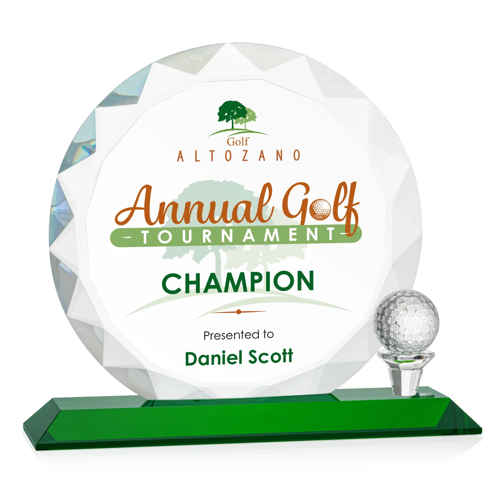 Promotional Optical Crystal Circle Golf Award with Detachable Golf Ball for team milestone celebrations