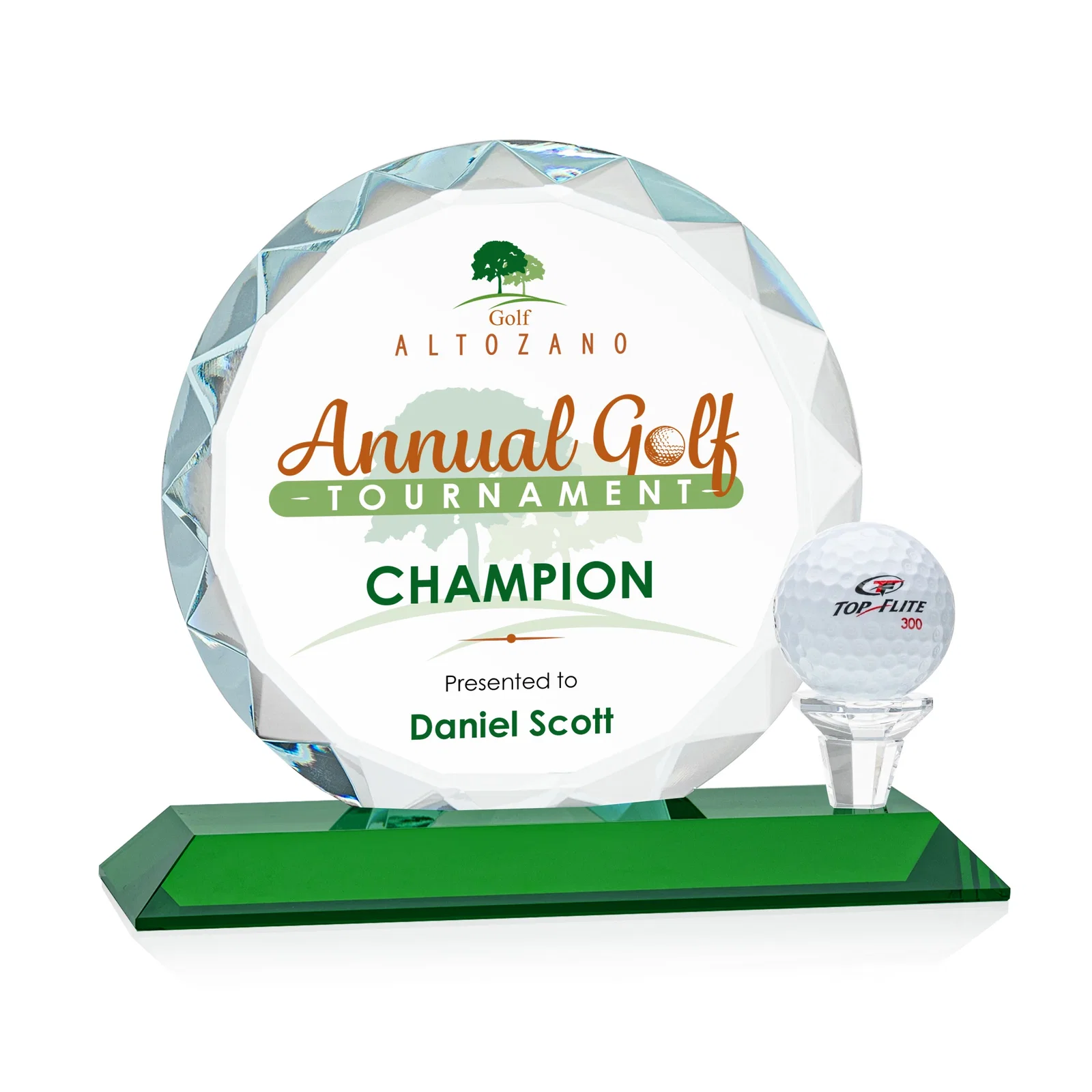Promotional Optical Crystal Circle Golf Award with Detachable Golf Ball for donor appreciation