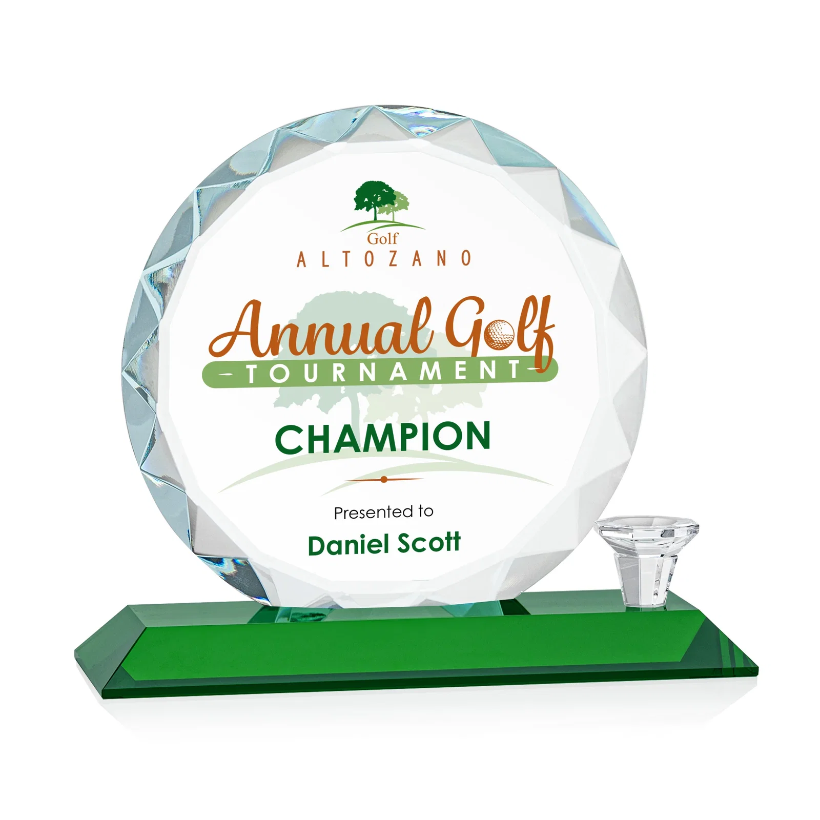 Promotional Optical Crystal Circle Golf Award with Detachable Golf Ball for graduation ceremonies