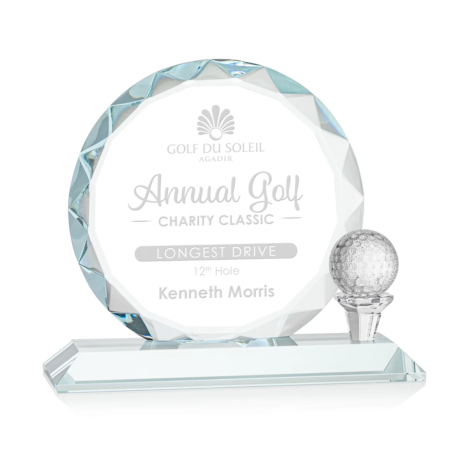 Custom Optical Crystal Circle Golf Award with Detachable Golf Ball for sales achievement awards