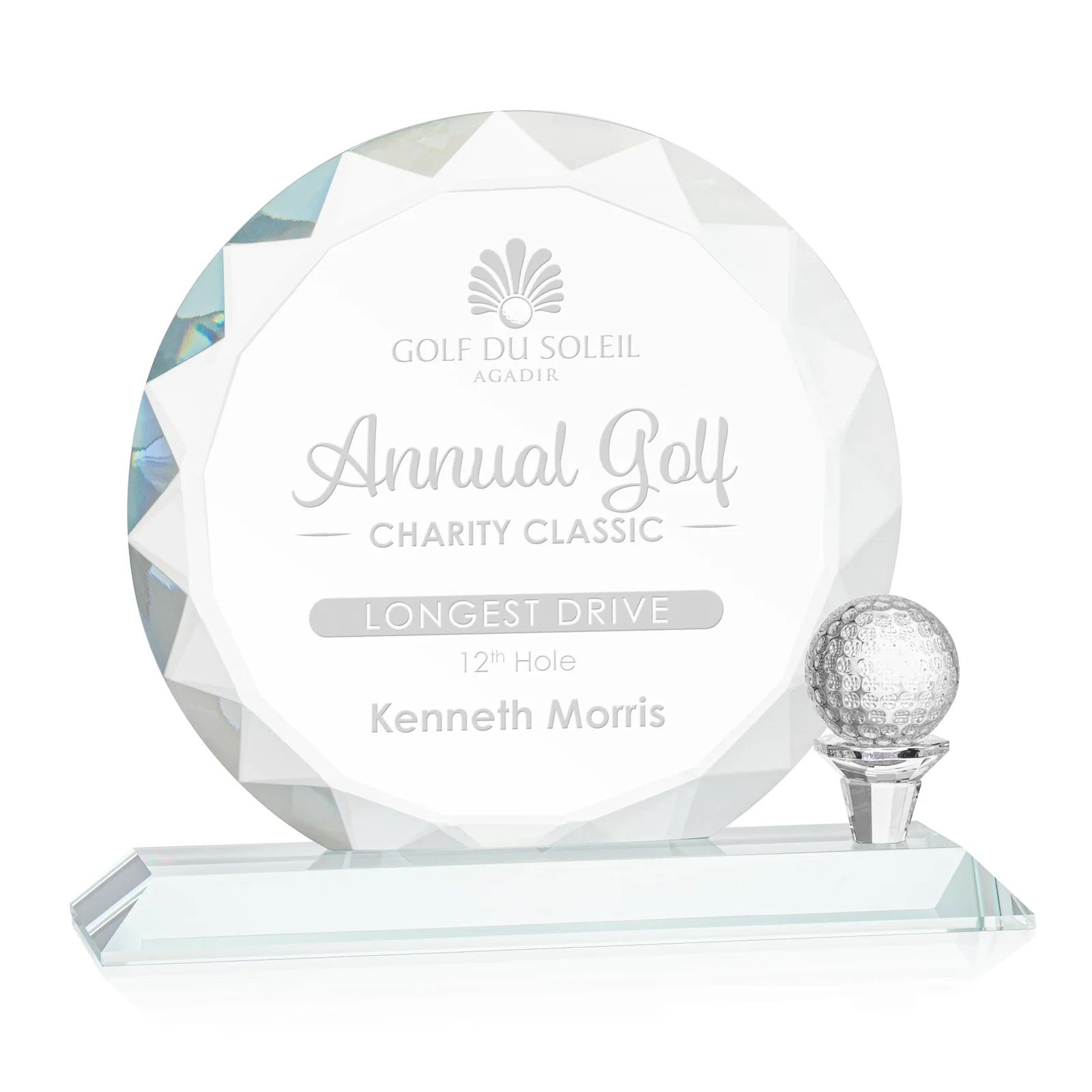 Custom Optical Crystal Circle Golf Award with Detachable Golf Ball for retirement presentations