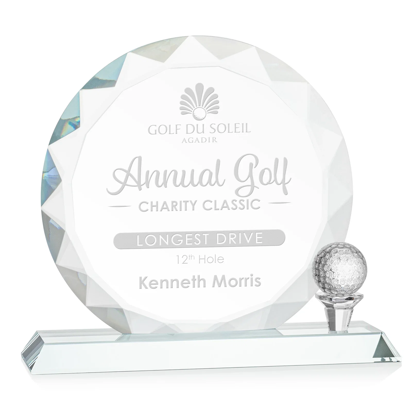 Custom Optical Crystal Circle Golf Award with Detachable Golf Ball for team milestone celebrations