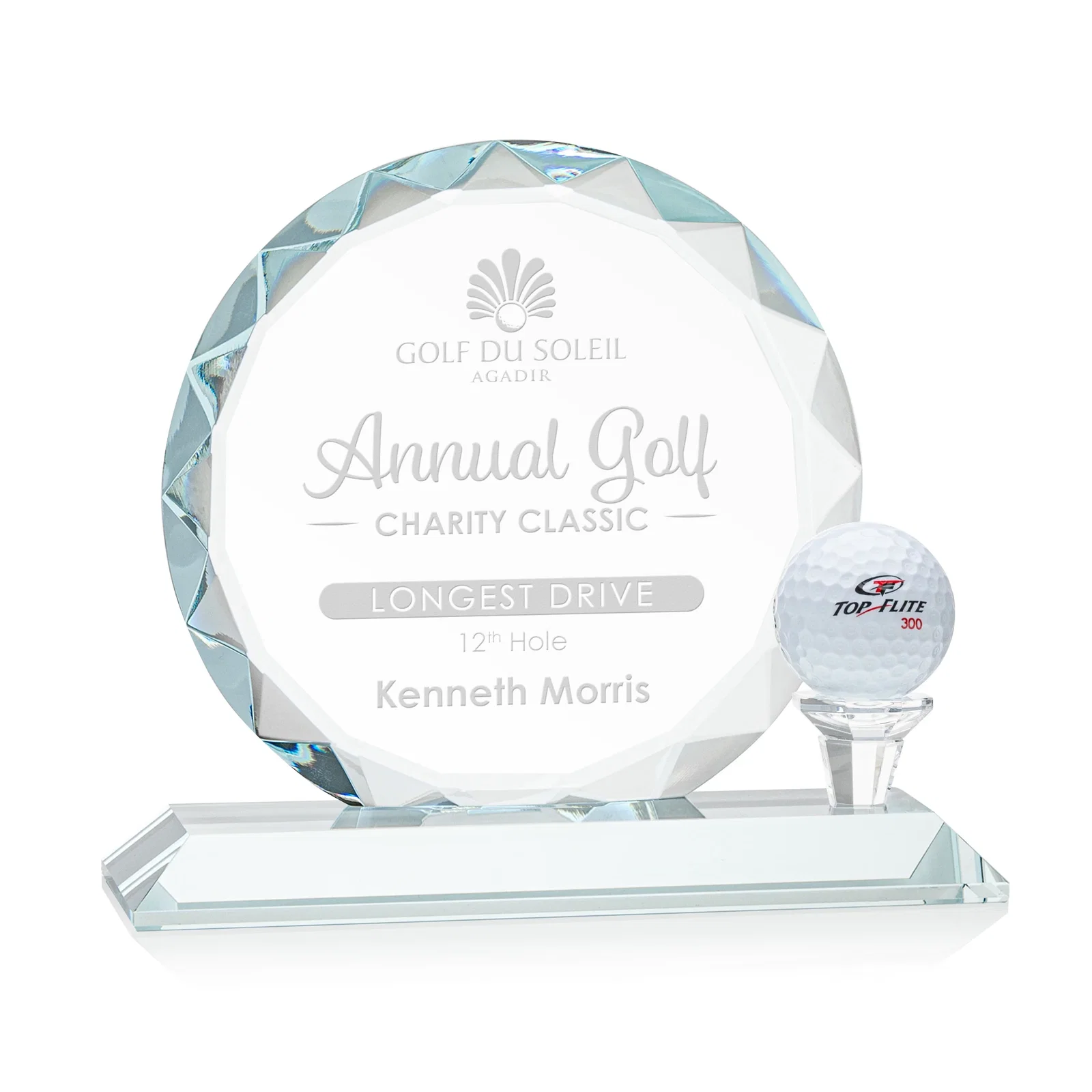 Custom Optical Crystal Circle Golf Award with Detachable Golf Ball for donor appreciation