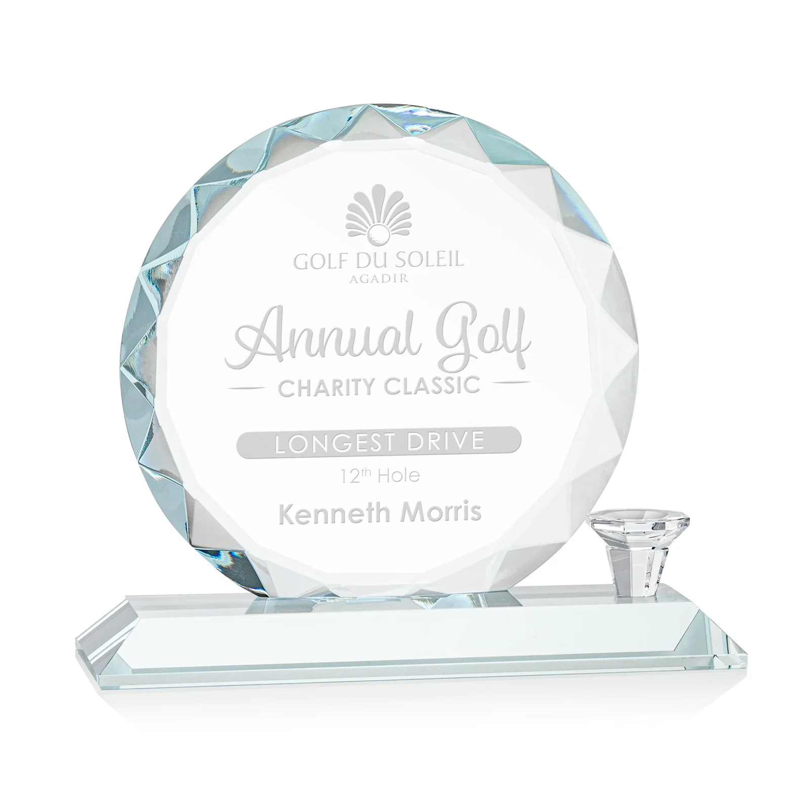 Custom Optical Crystal Circle Golf Award with Detachable Golf Ball for graduation ceremonies