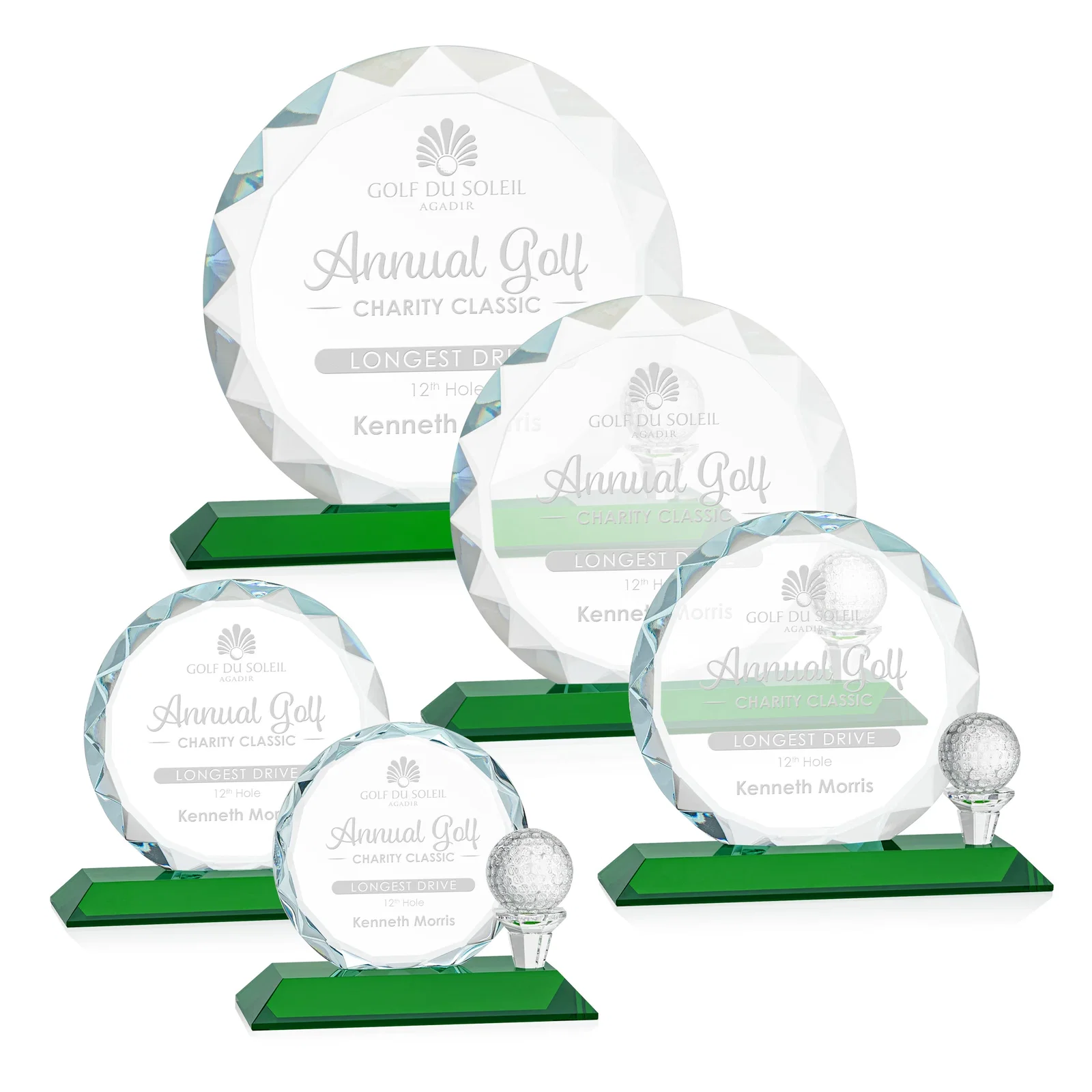 Custom Optical Crystal Circle Golf Award with Detachable Golf Ball for safety achievement programs