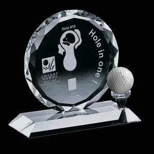 Optical Crystal Golf Award with Tee and Ball on Right Side