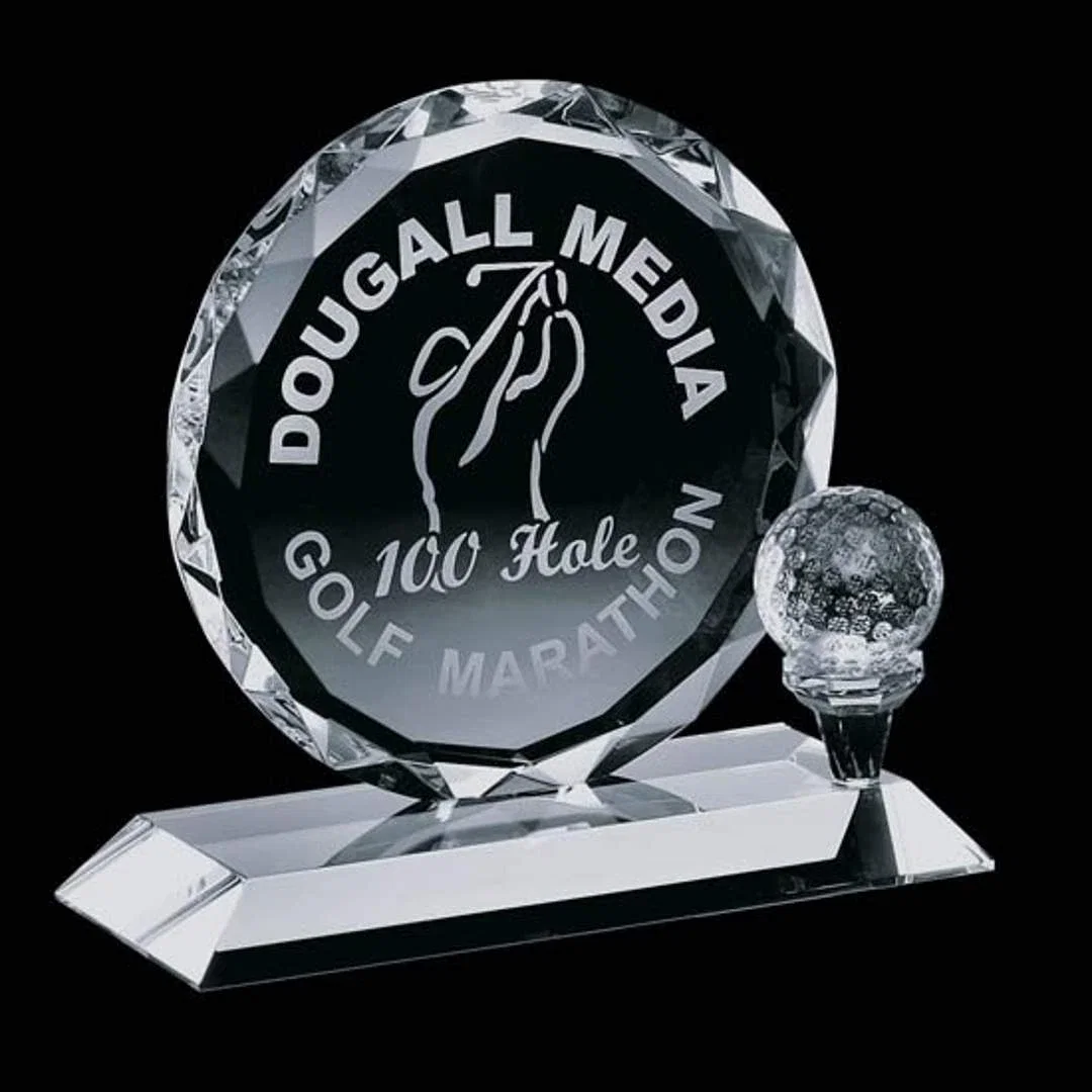 Custom Optical Crystal Golf Award with Tee and Ball on Right Side for corporate award ceremonies