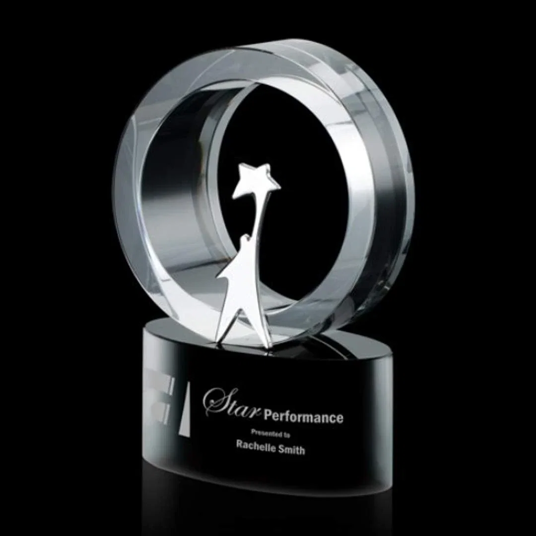 Custom Chrome Figure and Star Award on Deep-Etched Black Optical Base for employee recognition