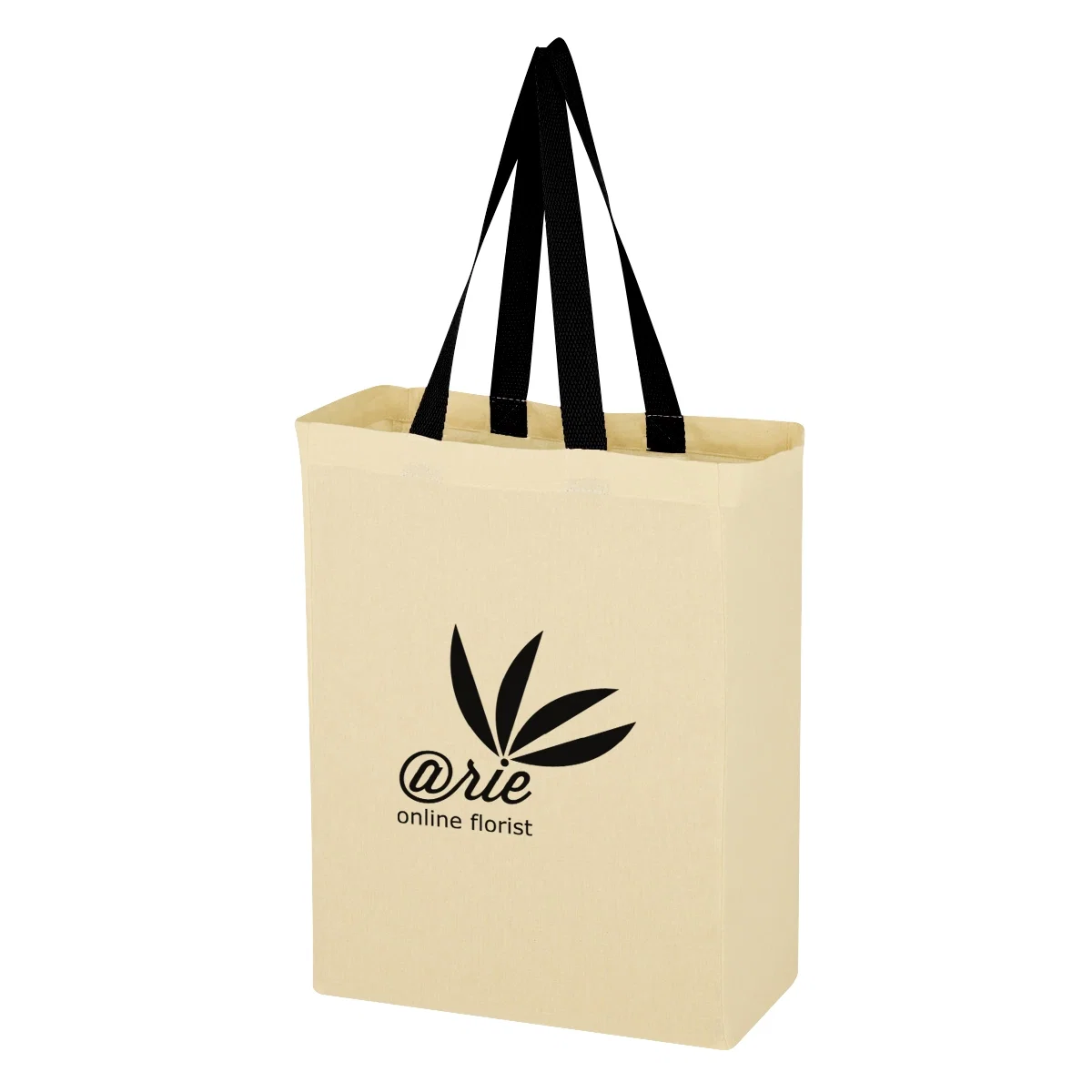 Natural canvas grocery tote with black handles
