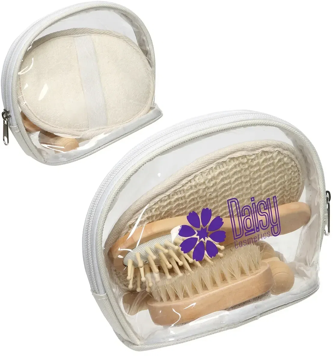 Custom Naturally You 4-piece wooden spa kit in clear pouch, branded self-care gift front view