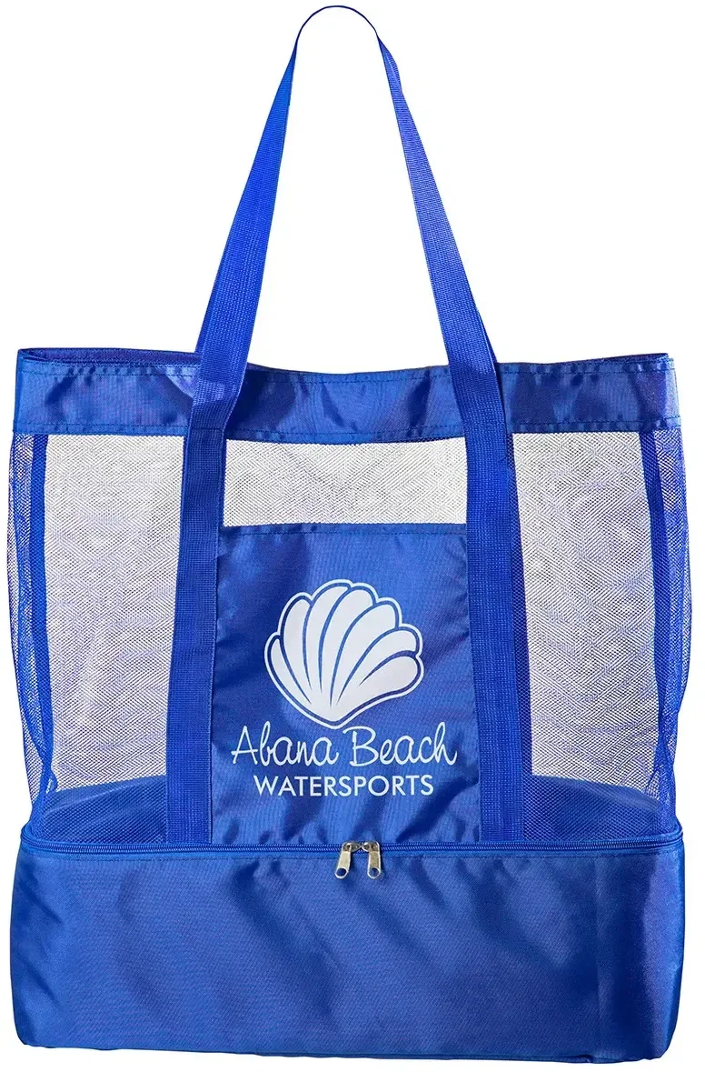 Nautical Insulated Beach Bag, custom promotional beach bag front view with mesh top and logo