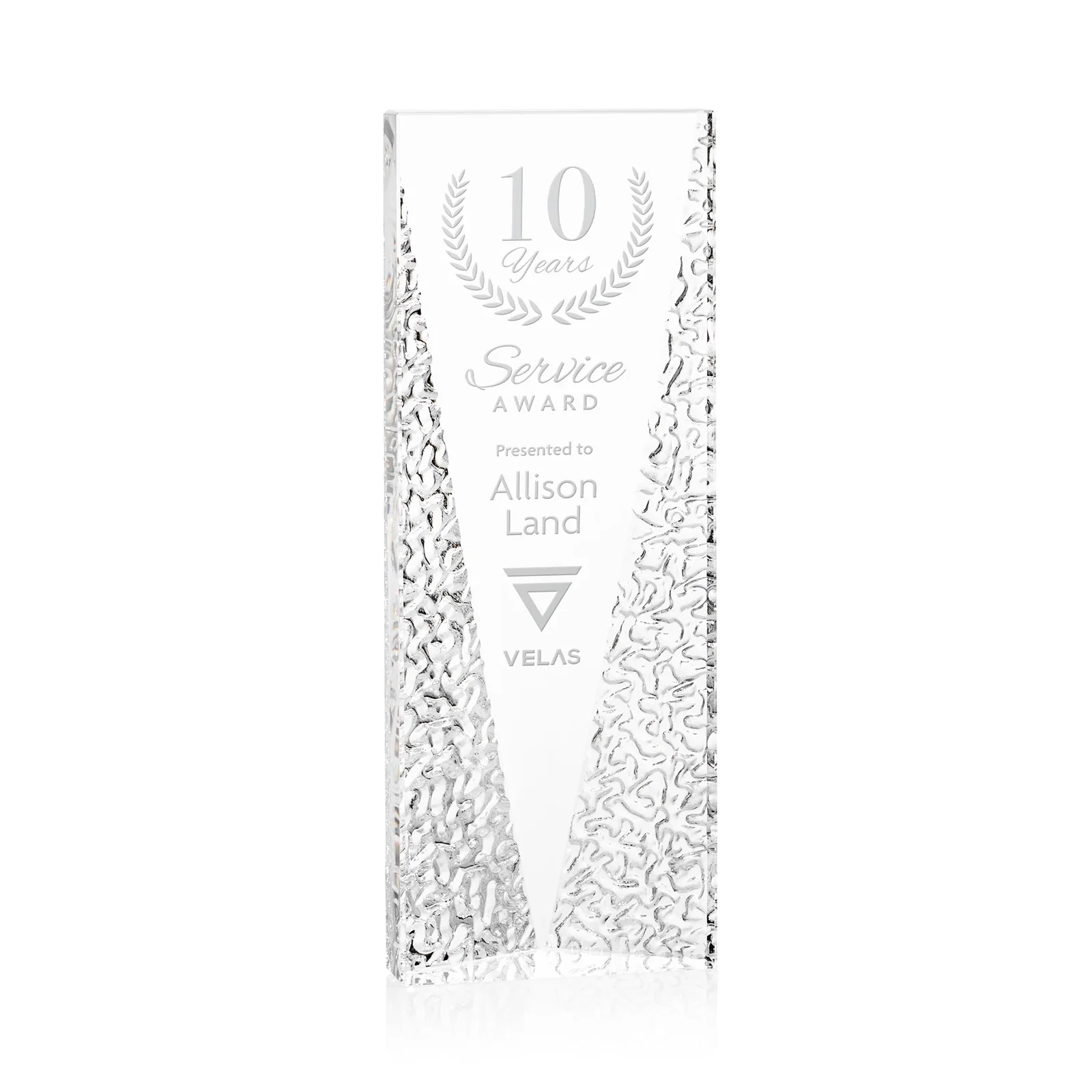 Custom Optical Crystal Tower Award with Textured Sides, awards for service anniversary gifts