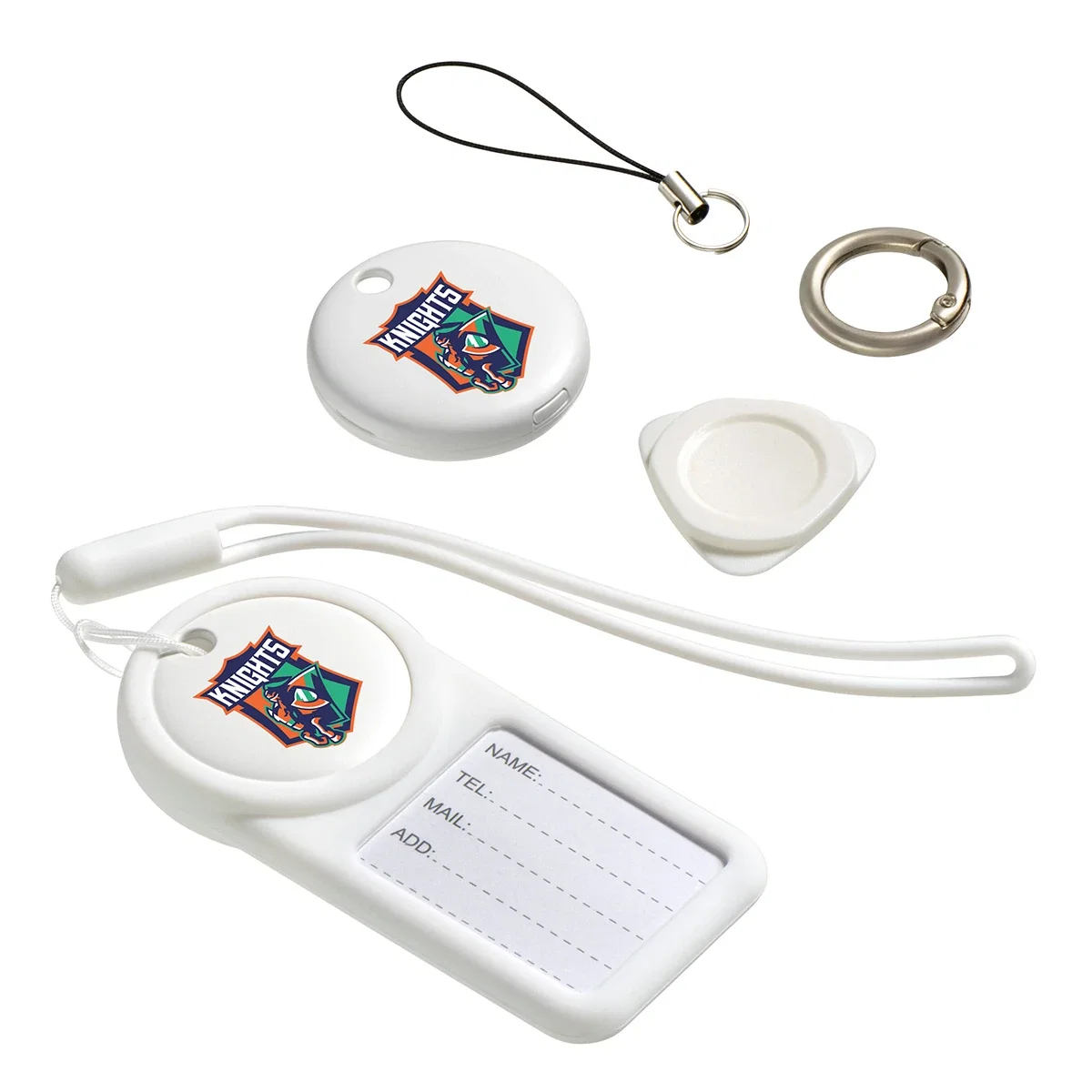Custom Navi Air Tracker and luggage tag combo, front view of the branded tag