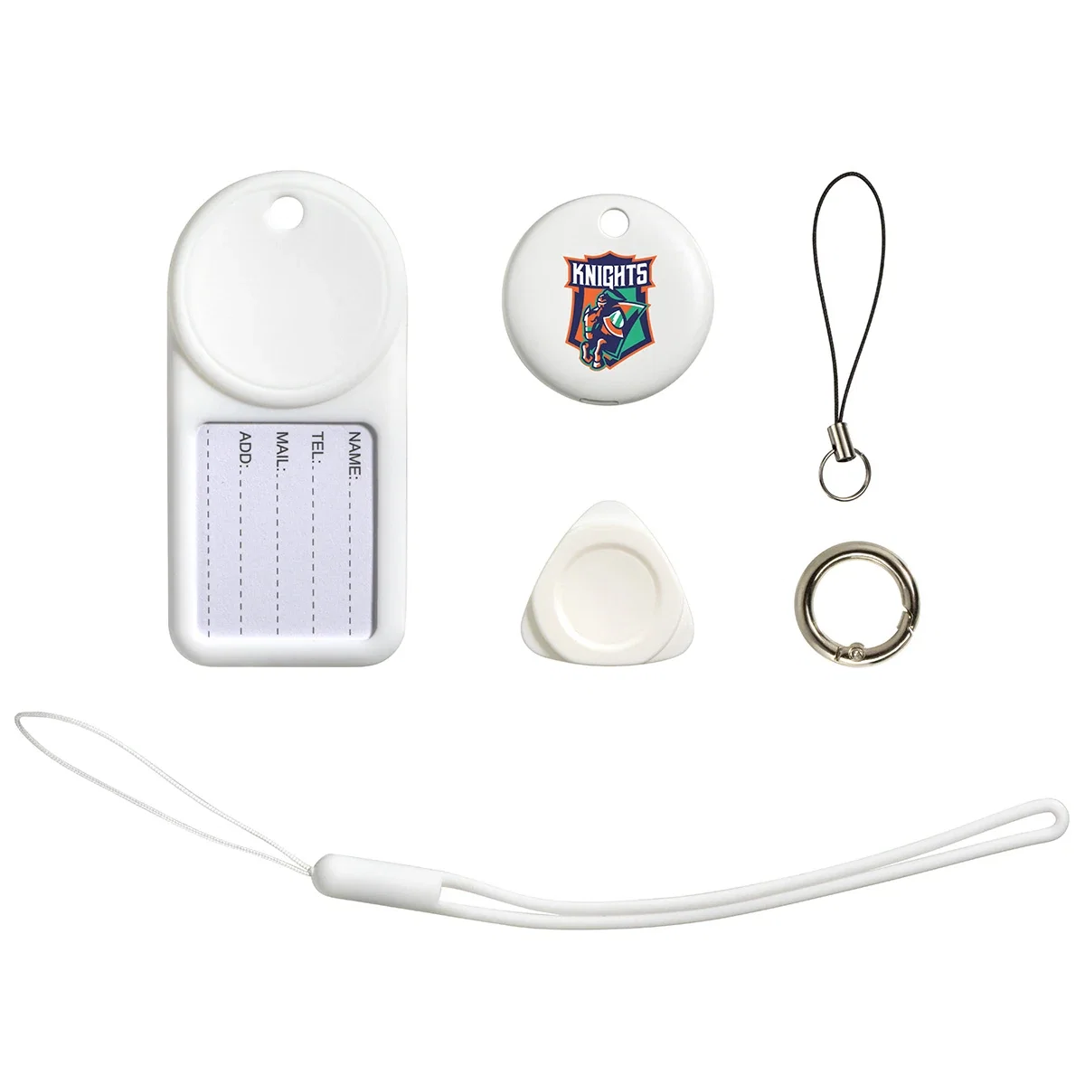 Navi Air Tracker luggage tag combo accessories laid out, showing the tracker's logo imprint