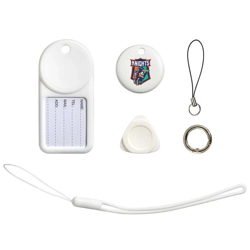 Navi Air Tracker luggage tag combo accessories laid out, showing the tracker's logo imprint