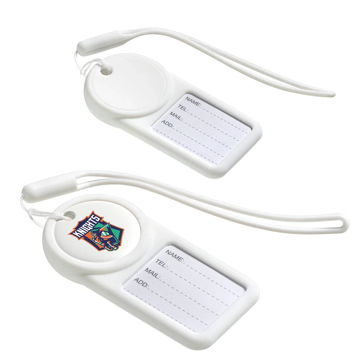 Navi Air Tracker luggage tags shown blank and with logo imprint, side by side comparison