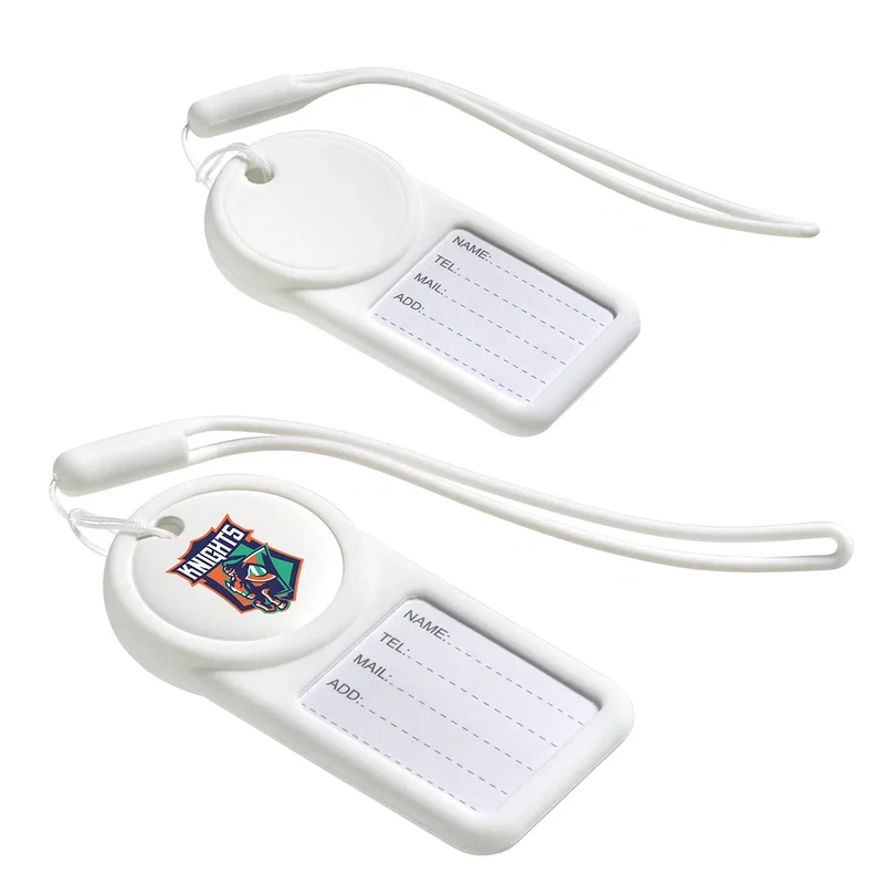 Navi Air Tracker luggage tags shown blank and with logo imprint, side by side comparison