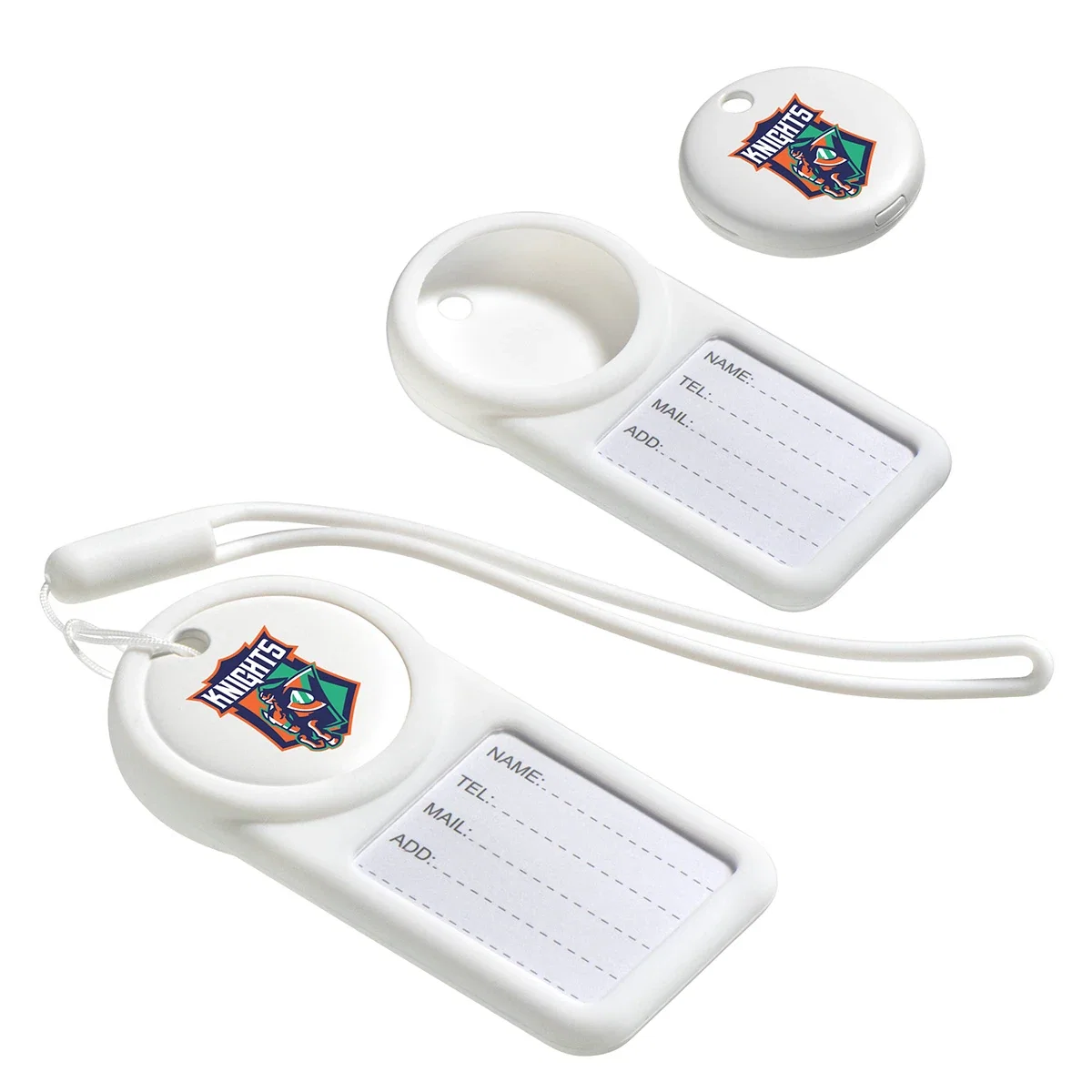 Angled view of the custom Navi Air Tracker showing the tracker compartment on the luggage tag