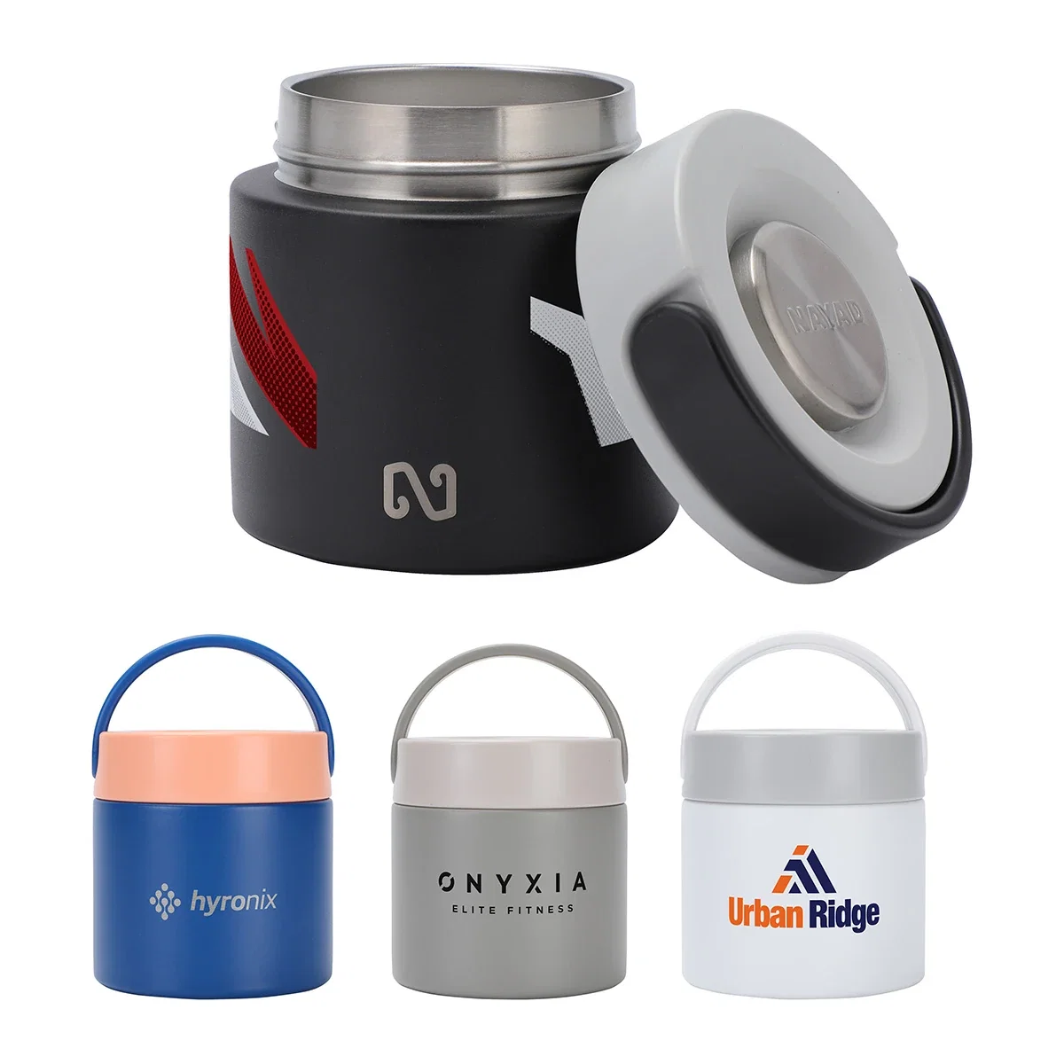 Custom NAYAD Colby 20 oz Vacuum Insulated Food Jar, front view of the branded food jar