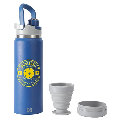 Custom branded NAYAD Crusade bottle showing collapsible hidden cup in base