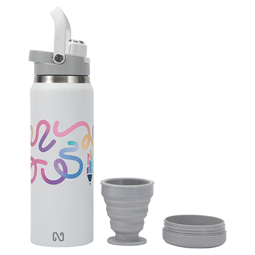 NAYAD Crusade promotional insulated bottle, lid off with cup revealed