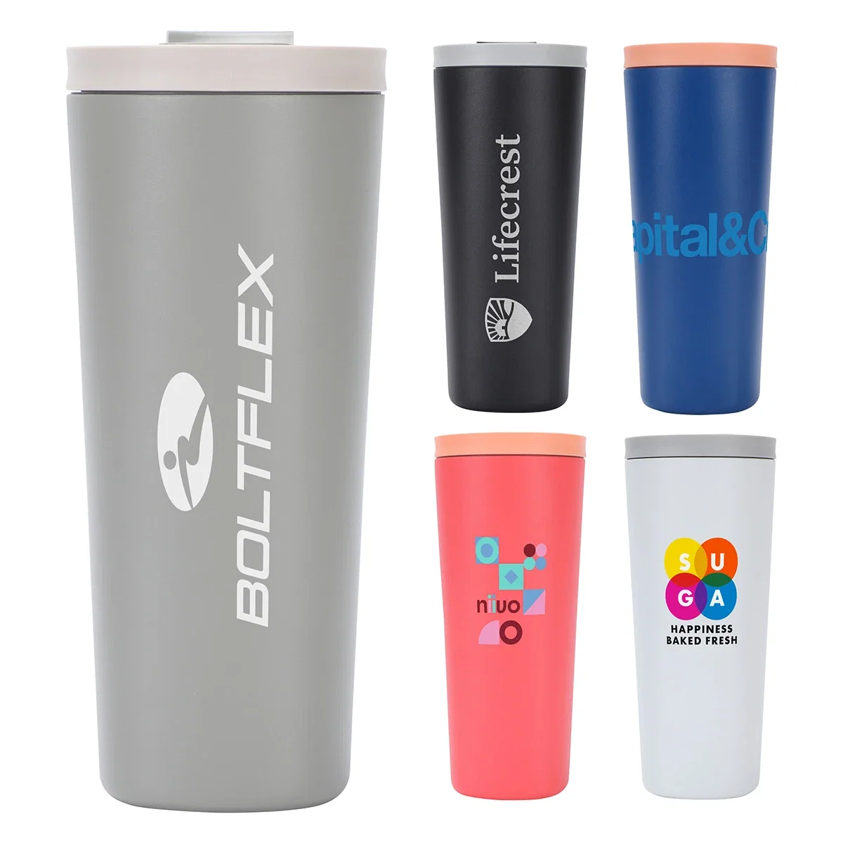Custom NAYAD Dutton 20 oz Vacuum Insulated Tumbler, front view of the branded tumbler