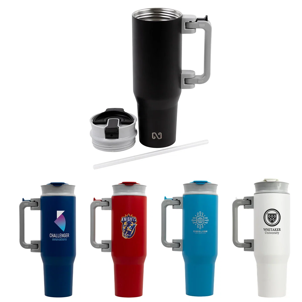 Custom NAYAD Genesis 40 oz Vacuum Insulated Mug, front view of the branded stainless steel mug