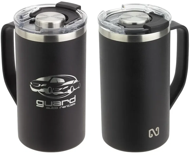 Custom NAYAD Metro 20 oz steel mug, three-quarter angle view