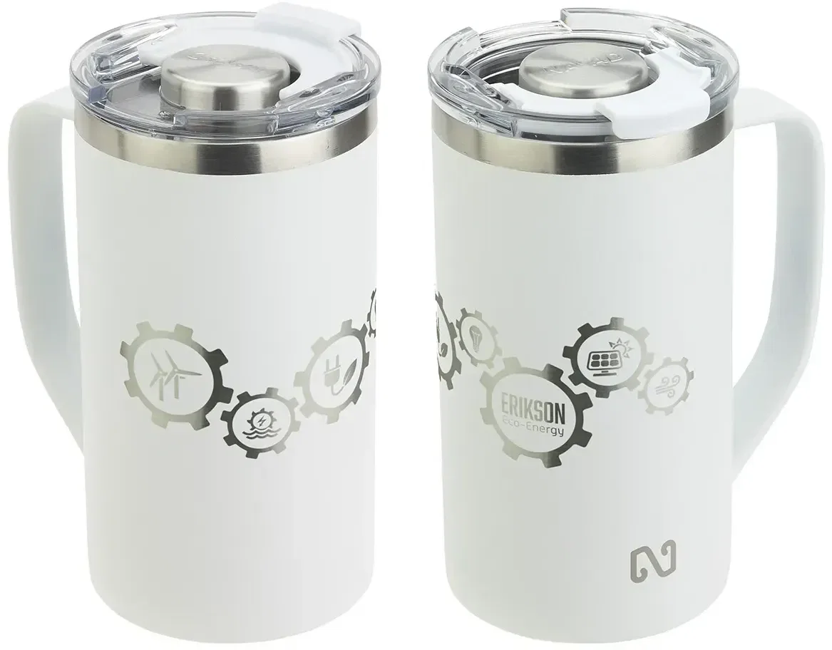 Custom logo NAYAD Metro 20 oz steel mug, Tritan lid close-up