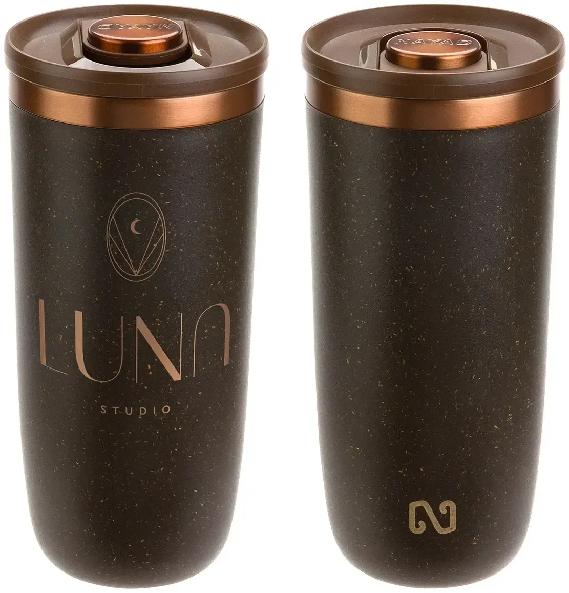 NAYAD Neo coffee-grounds 16 oz tumbler, custom branded promotional sustainable drinkware, front view