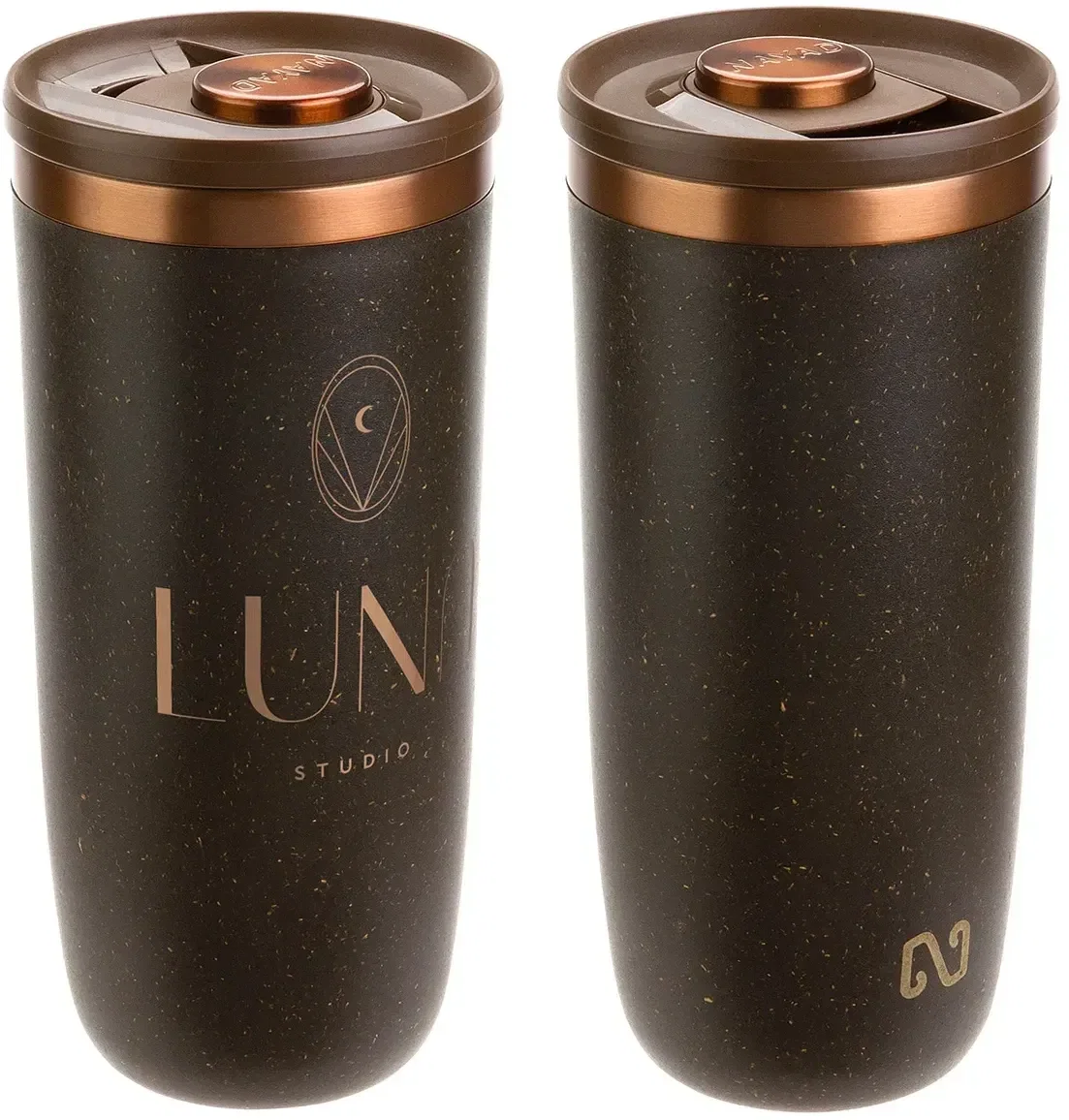 Custom logo NAYAD Neo 16 oz tumbler, coffee-grounds outer shell texture close-up