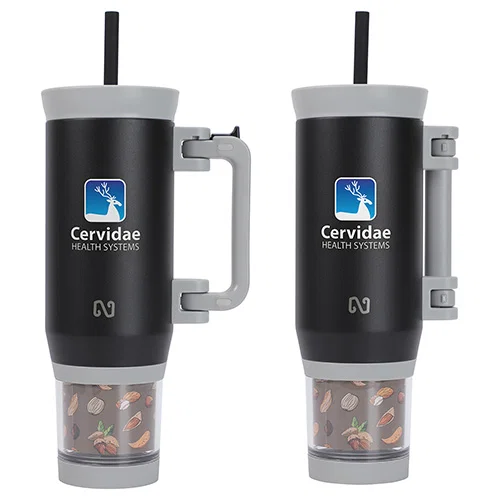 Custom branded NAYAD Quest mug showing screw-on snack cup in base