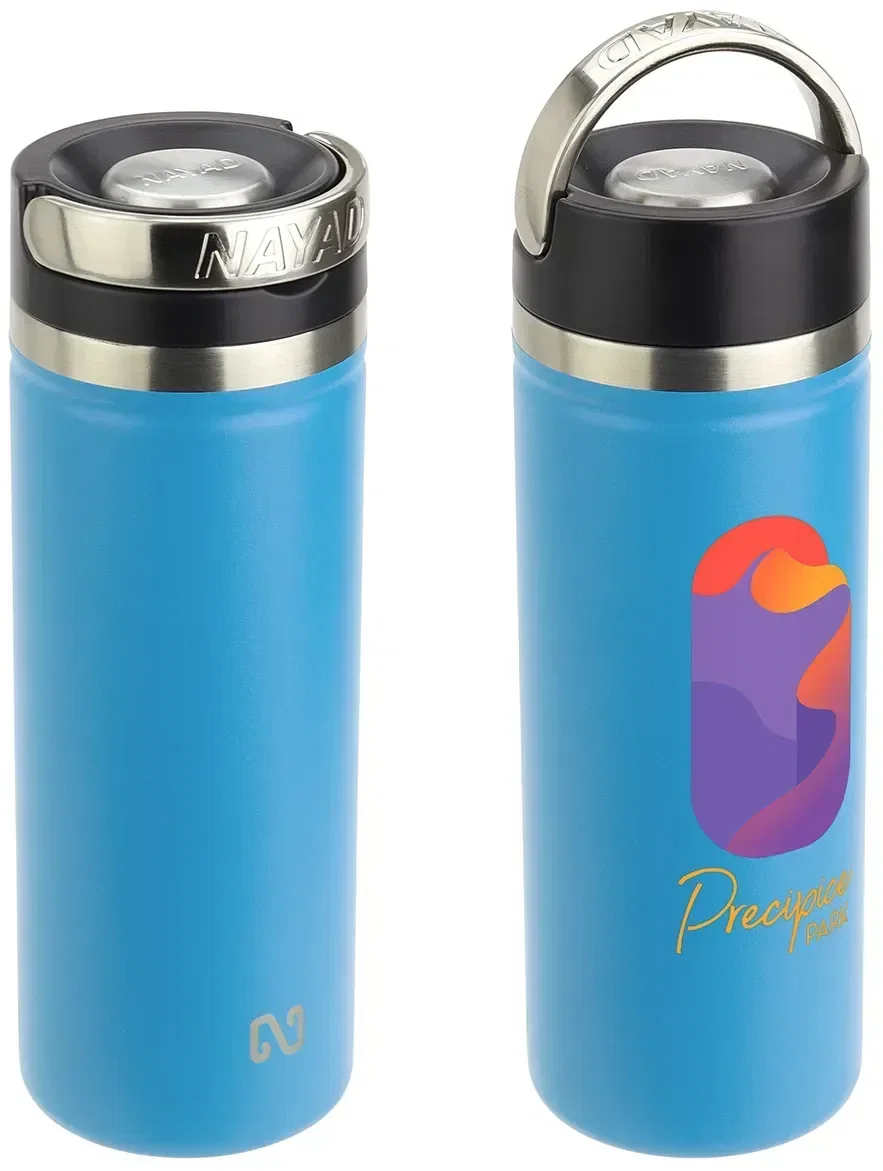 Angled view of the branded NAYAD Roamer 18 oz stainless water bottle