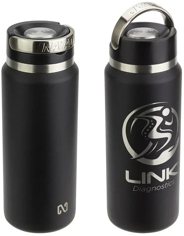 Custom NAYAD Roamer bottle with the lid off, branded vacuum insulated water bottle