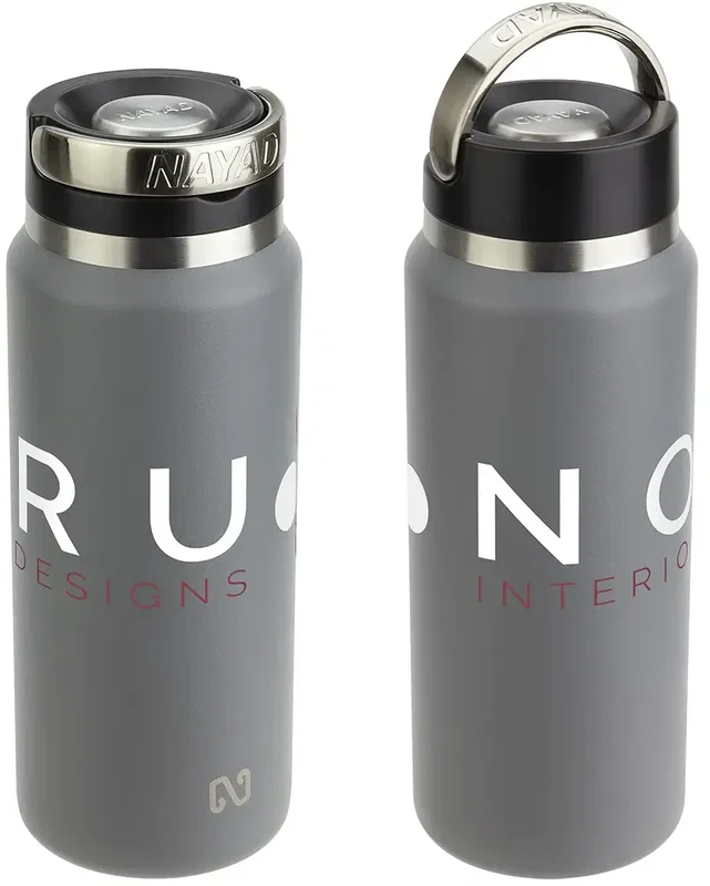 Promotional NAYAD Roamer water bottle back view, branded stainless steel drinkware