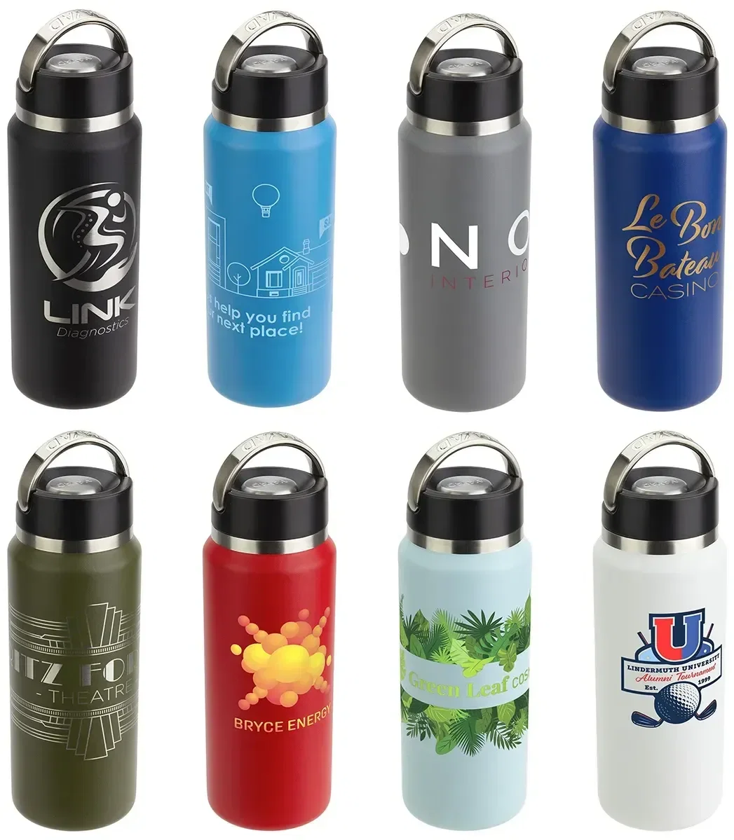 Custom NAYAD Roamer 26 oz vacuum insulated bottle, front view of the branded steel bottle