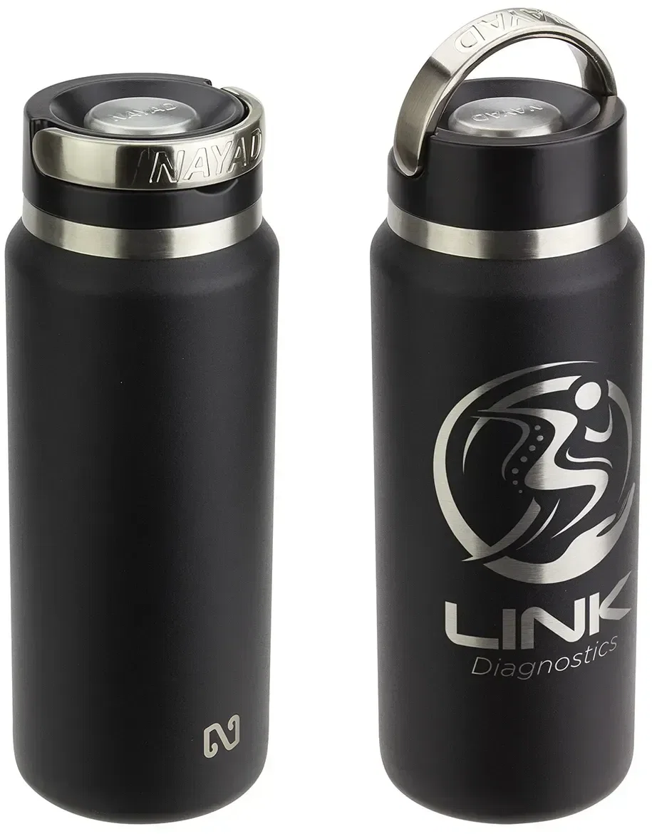 Custom NAYAD Roamer bottle with the lid off, branded vacuum insulated water bottle