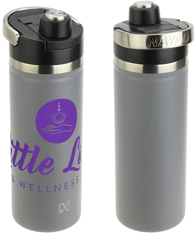 custom NAYAD Traveler bottle with twist-top open, branded 18 oz insulated steel bottle