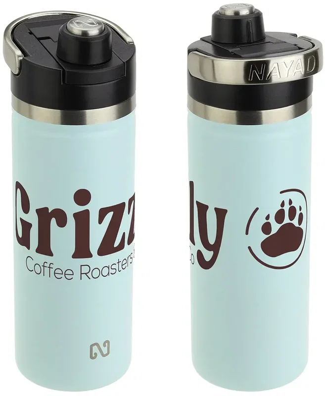 custom NAYAD Traveler steel bottle back view with logo, insulated 18 oz bottle