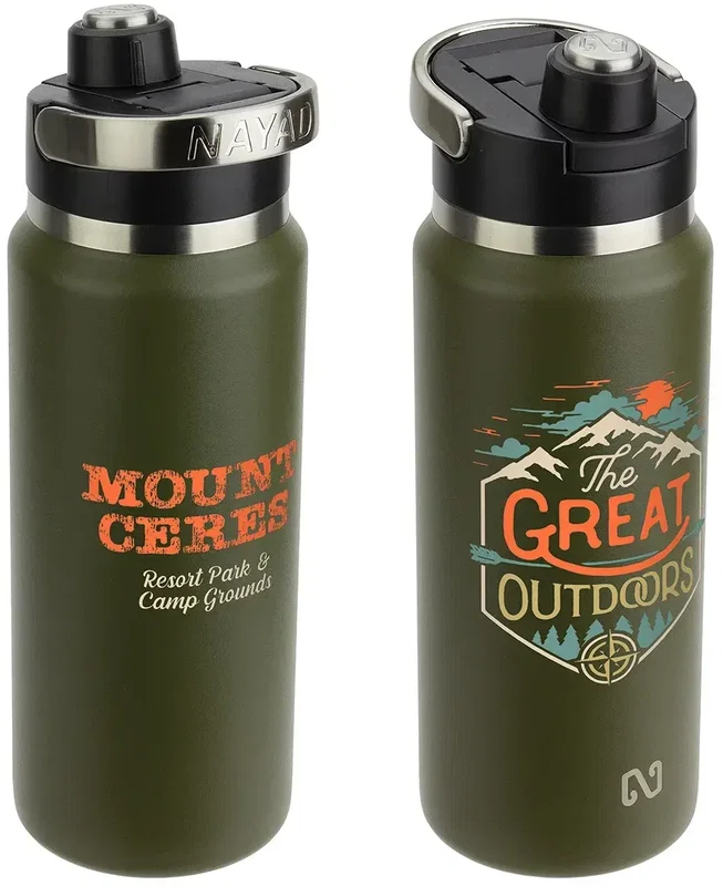 NAYAD Traveler promotional bottle held in hand, 26 oz custom twist-top water bottle