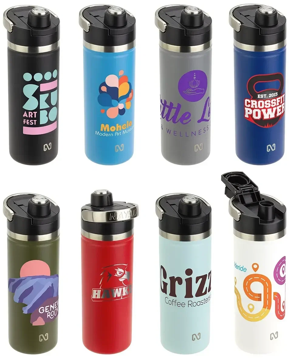 NAYAD Traveler Insulated Bottle 18 oz, custom branded water bottle front view with logo