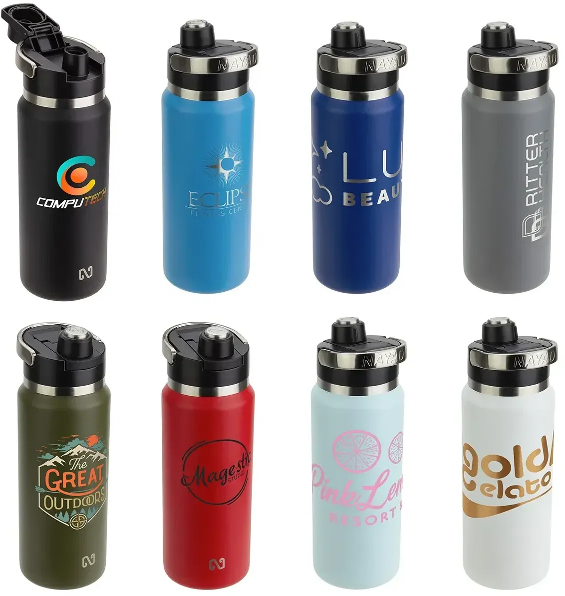NAYAD Traveler Twist-Top Bottle 26 oz, custom branded water bottle front view with logo
