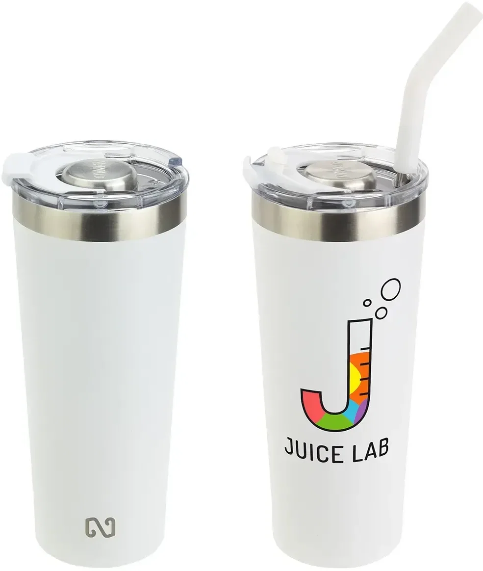 NAYAD Trouper promotional steel tumbler, side view with metal straw and lid