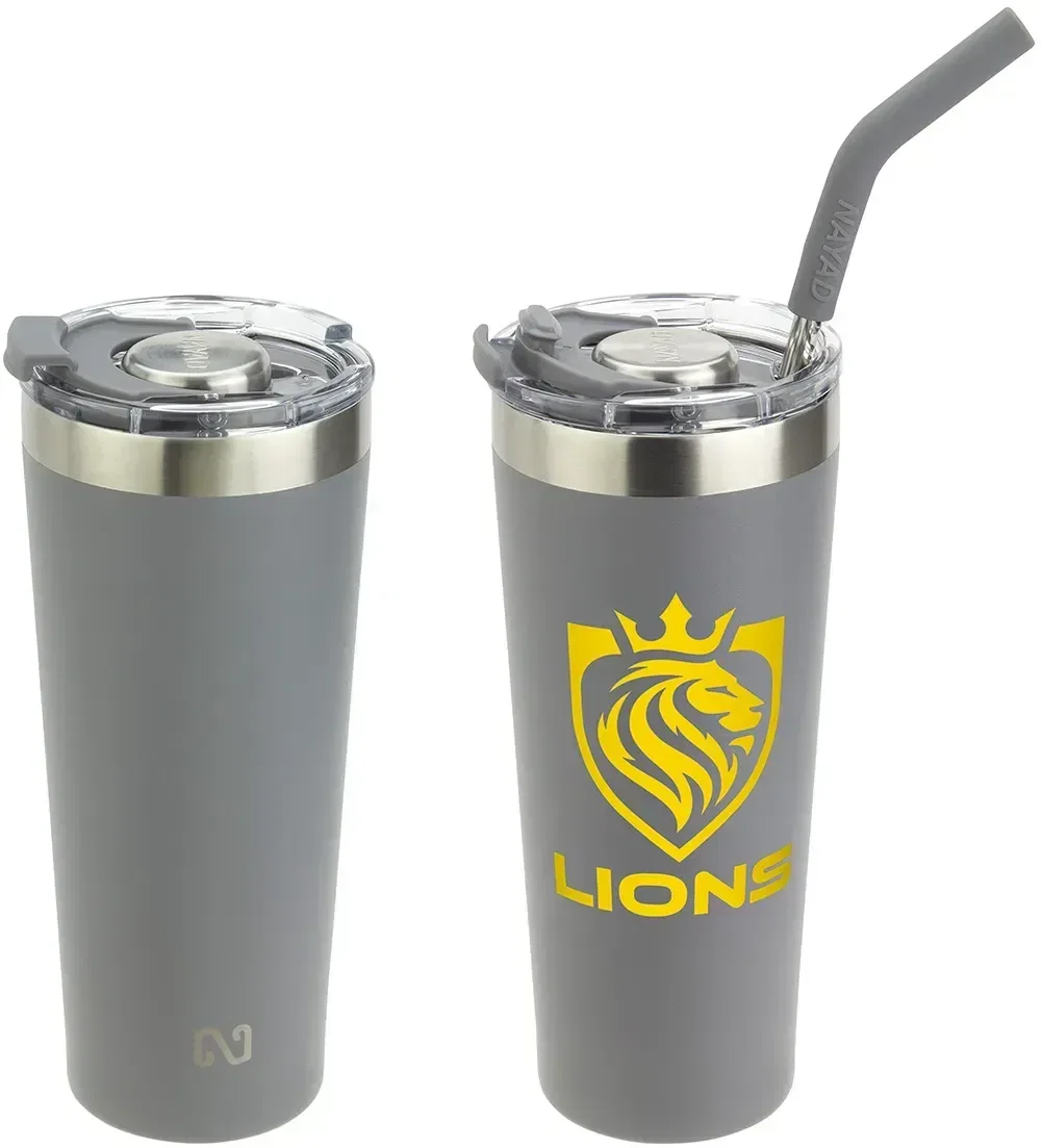 custom NAYAD Trouper tumbler with lid off, showing 22 oz insulated stainless interior