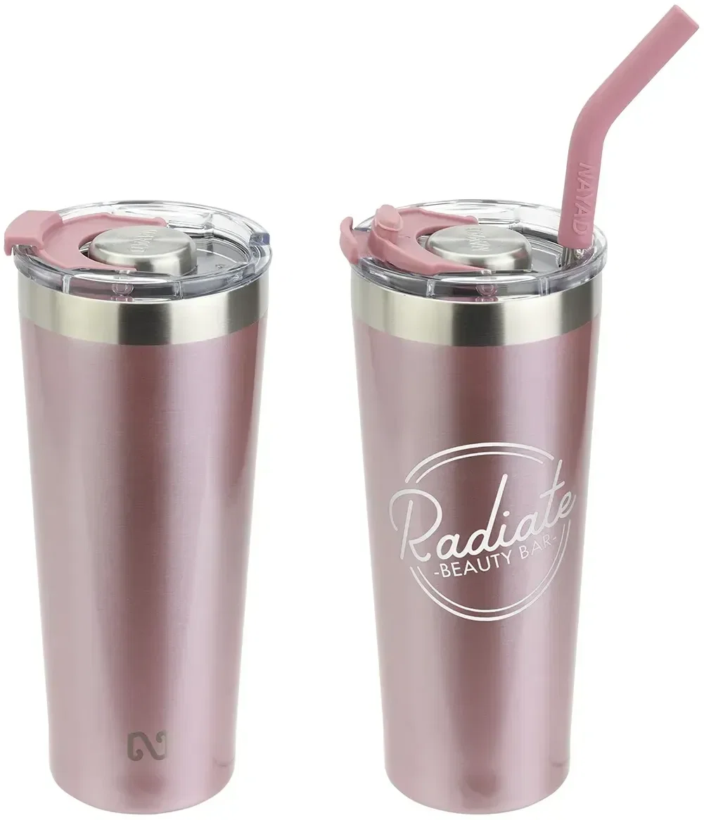 NAYAD Trouper branded tumbler, close-up of metal straw and spill-resistant lid