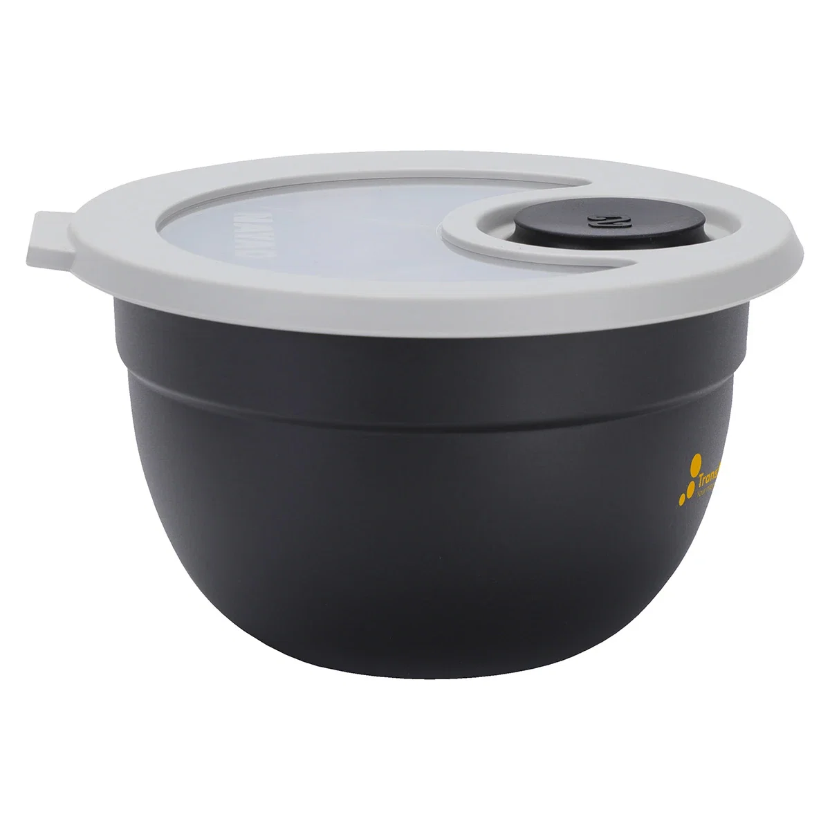 Angled view of the promotional NAYAD Utilia salad bowl with its lid