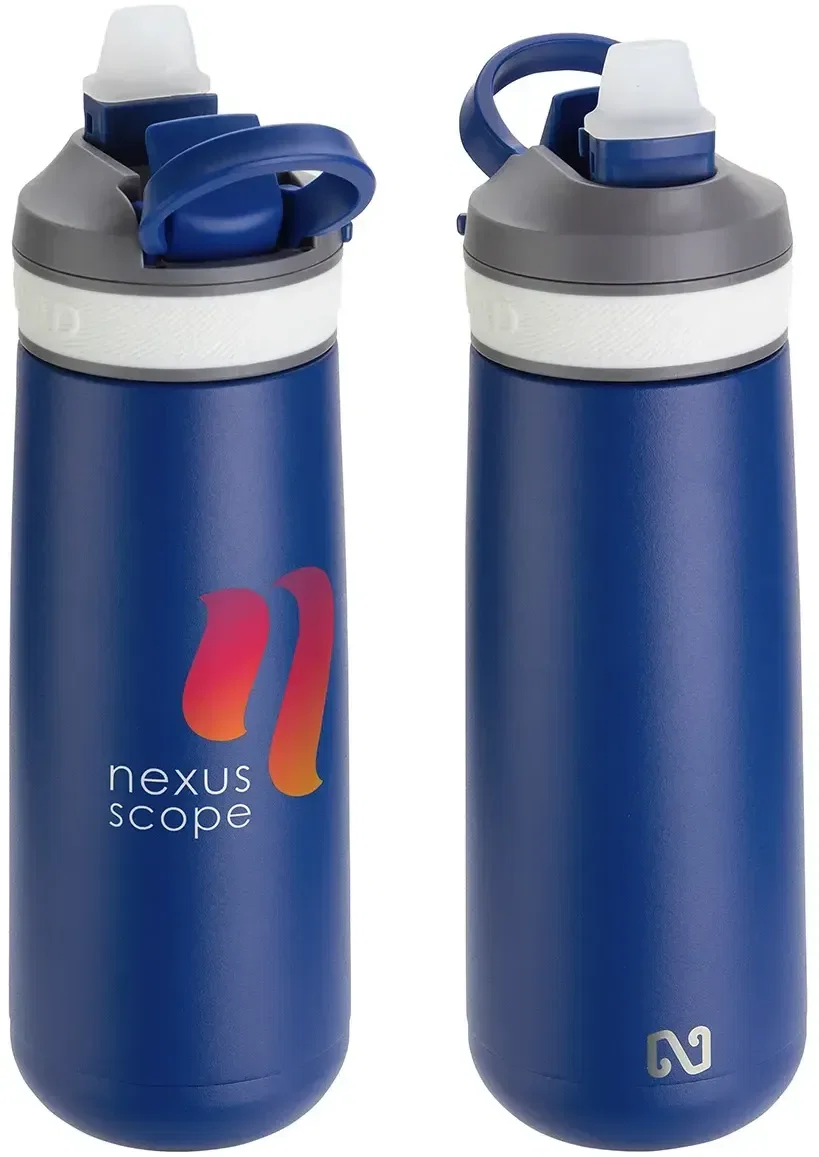 Custom logo NAYAD Vive 23 oz bottle, flip-top straw spout close-up